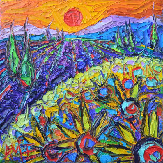 SUNFLOWERS AND LAVENDER FIELDS AT SUNSET 9 contemporary abstract impressionist mini landscape original palette knife oil painting by Ana Maria Edulescu