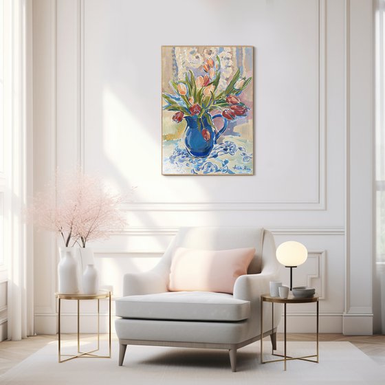 Tulips in a Blue Vase