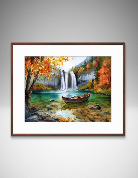 Boat Beneath Autumn’s Cascade