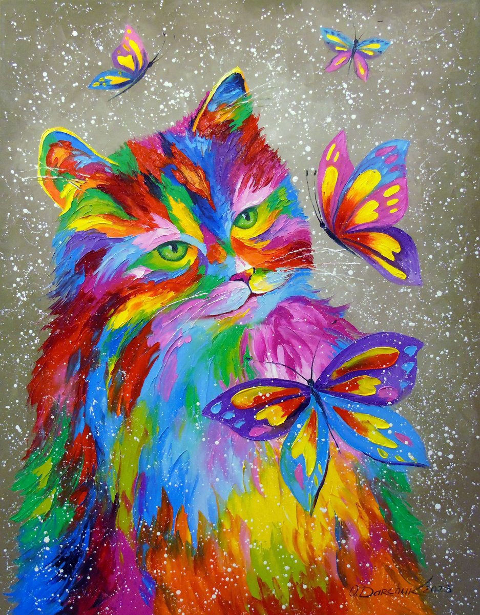 Impressionistic Animal Oil Painting By Olha Darchuk, 28 X 35", The Rainbow Cat, Original Artwork
