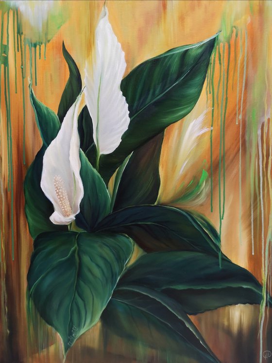 Magnetic love, oil painting, original gift, home decor, Flowering, Spring, Leaves, Living Room, leaves, many flowers, flower picture,  delicate flowers,  spathiphyllum