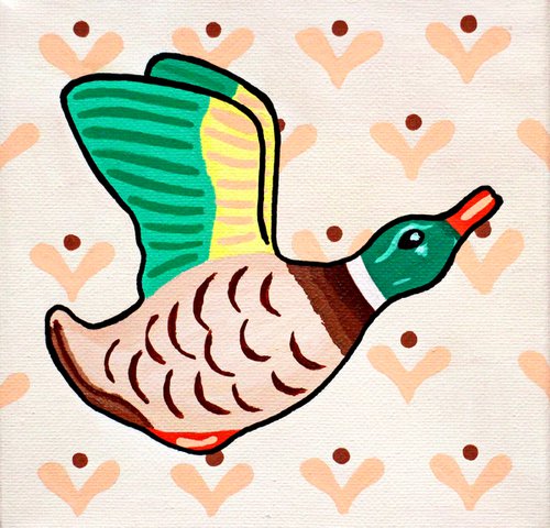 Flying Duck With Pattern Wallpaper On Miniature Canvas by Ian Viggars