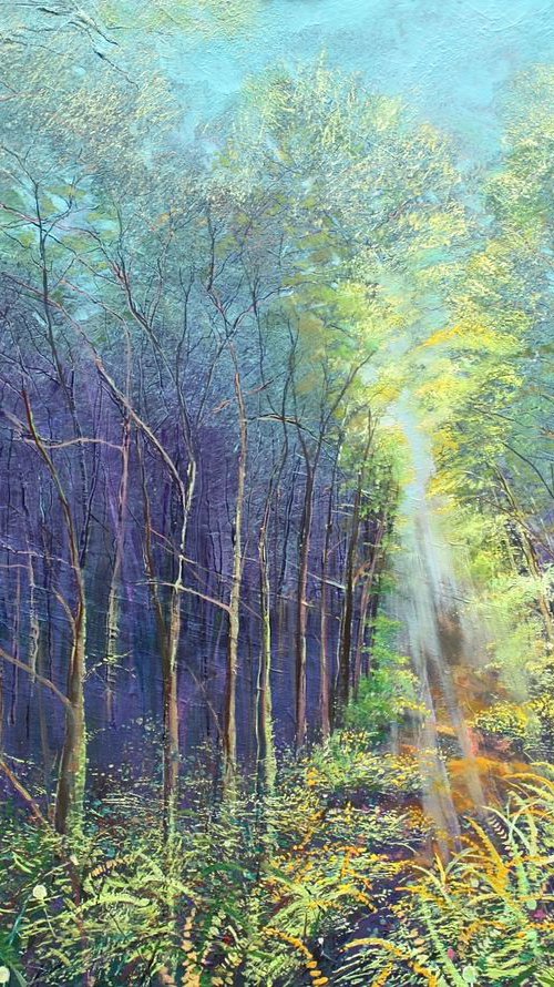 Forrest Glade Dawn Rays (Large Painting). by Simon Jones