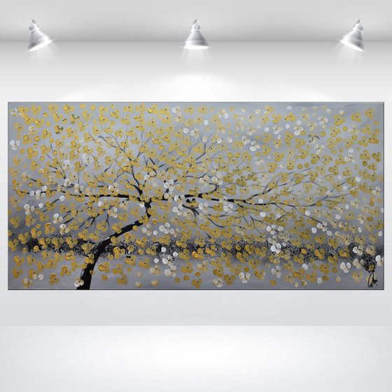 Golden Cherries III - large acrylic abstract painting cherry blossoms nature painting canvas wall art