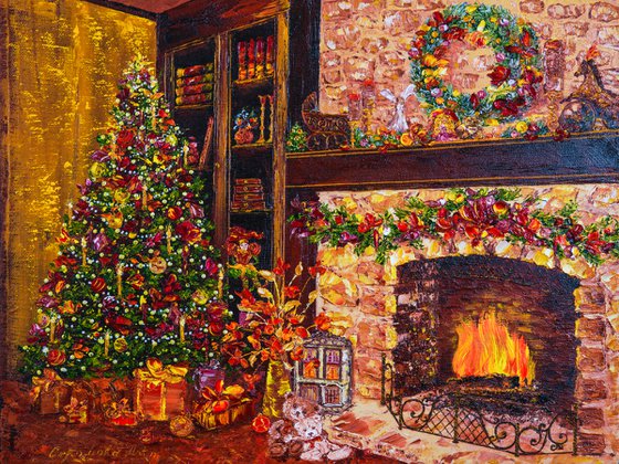 EVENING BY THE FIREPLACE - New Year. Christmas. Christmas Tree. Cozy house. Comfort. Happiness. Family. Fire. Christmas Toys.