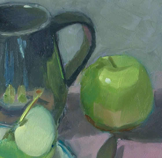 Original Kitchen Still Life - Green Apples and Knife