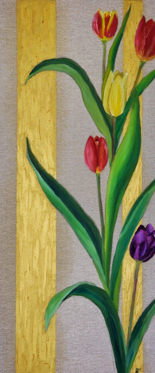 Flowers Tulips original OIL PAINTING on canvas, golden vertical artwork, art nouveau by Kate Grishakova
