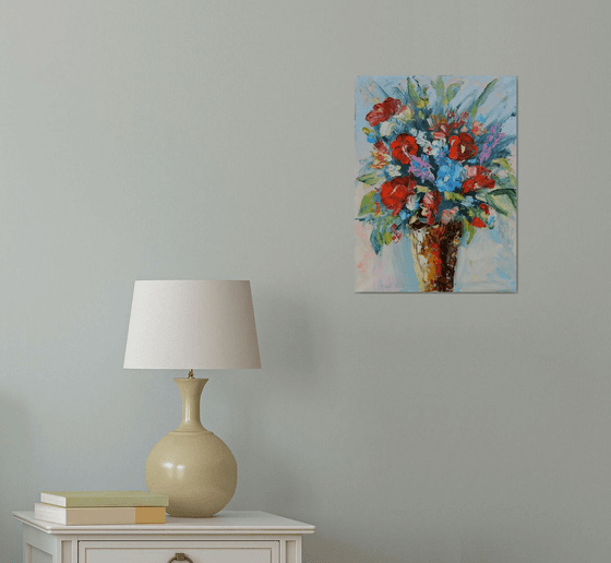 Bright flowers, bouquet of flowers in a vase. Still life. 30x40cm