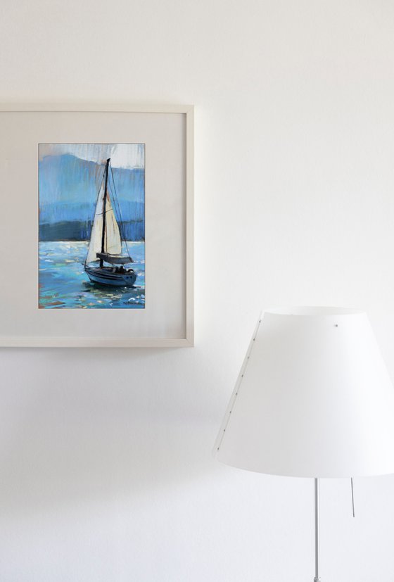 Seascape - Boat - Sunny day - Pastel drawing