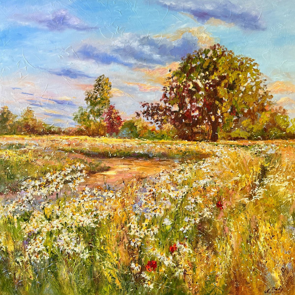 Impressionistic Landscape Oil Painting By Diana Malivani, 35 X 35, Summer Evening, Original Artwork