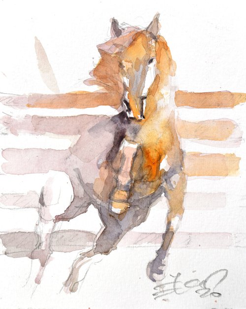 Prancing horse  in orange - small one by Goran Žigolić Watercolors