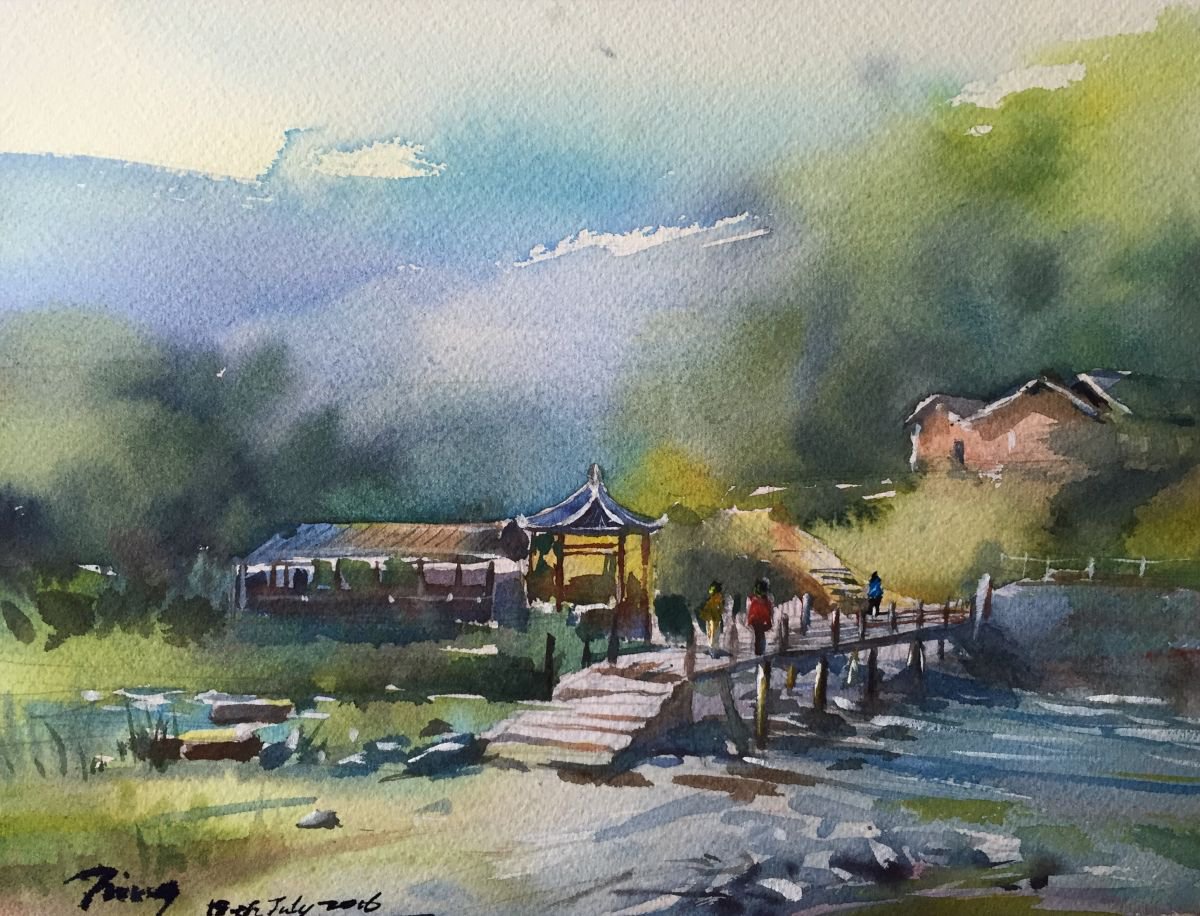 Impressionistic Landscape Watercolour By Jing Chen, 15 X 11, Yunshuiyao, Original Artwork