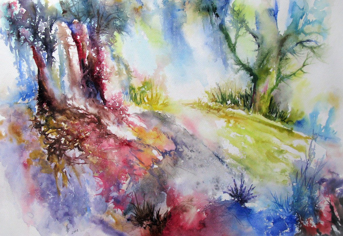 Impressionistic Landscape Watercolour By Szekelyhidi Zsolt, 19 X 13", Autumnal Trees, Original Artwork