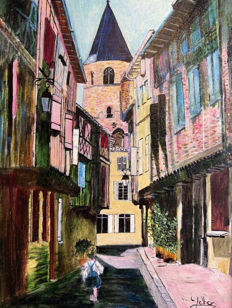 Photorealistic Cityscapes Oil Painting By Isabelle Lucas, 15 X 20, Village And Child, Original Artwork