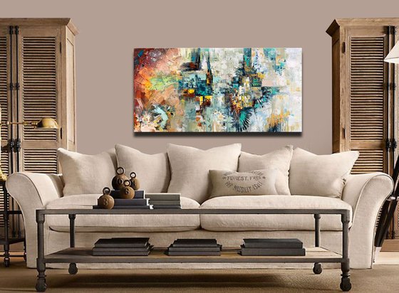 Abstract Painting - Being In The Flow Original Cityscape White Grey Aqua Blue Painting