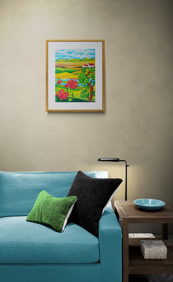 Spring country landscape with poppies