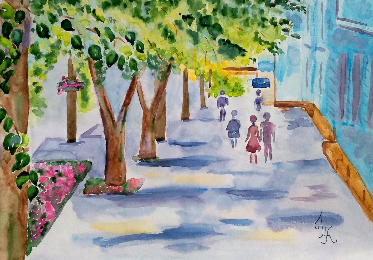Cityscape Painting Original Watercolor Artwork Tree painting Street Scene Home Wall Art 17... by Halyna Kirichenko