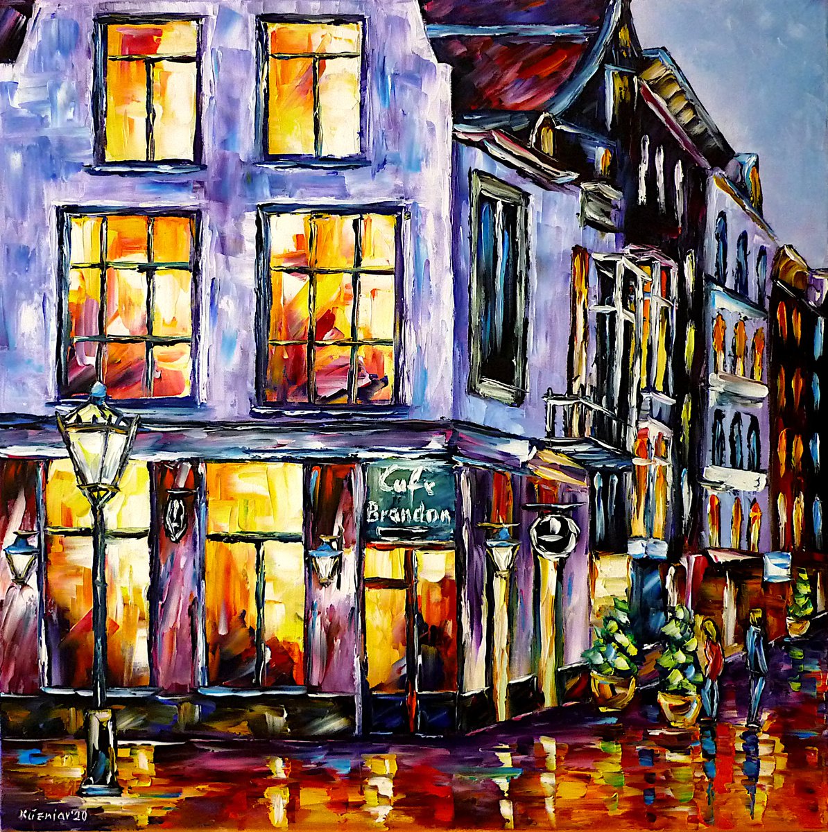 Expressive Cityscapes Oil Painting By Mirek Kuzniar, 24 X 24", Cafe Brandon, Amsterdam, Original Artwork