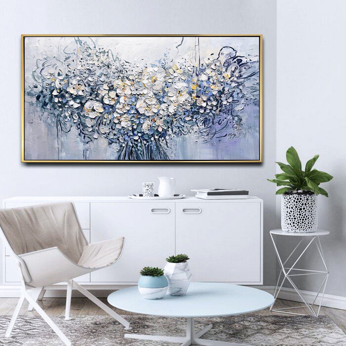 Abstract Botanical Acrylic Painting By Lana Guise, 49 X 25", Midnight Blossoms, Original Artwork