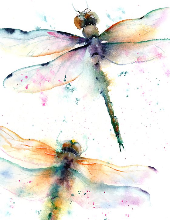 Green Dragonflies - Original watercolor painting