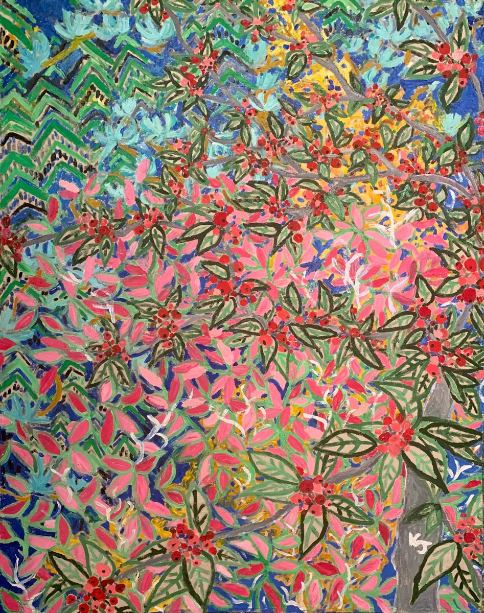 Expressive Botanical Acrylic Painting By Katie Jurkiewicz, 53 X 67", Hawthorn + Burning Bush, Original Artwork