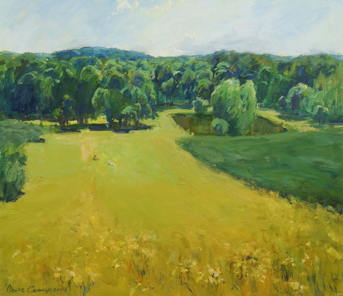 Impressionistic Landscape Oil Painting By Olga Samar, 28 X 24", July Heat., Original Artwork