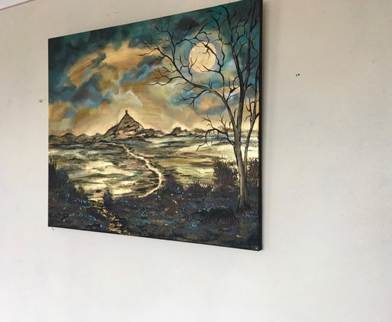 Glastonbury Tor under a full moon in gold leaf