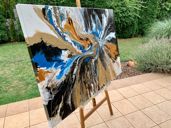 The Shining of Gold #6 - LARGE, VIBRANT, WHITE , GOLD, BLACK & BLUE ABSTRACT ART – EXPRESSIONS OF ENERGY AND LIGHT. READY TO HANG!