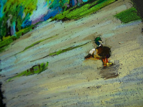 Lonely duck. Oil pastel painting. Small interior decor gift travel england travel London shadow original impression