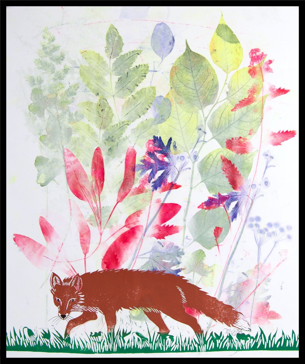 Red Fox, linocut w mixed media by Mariann Johansen-Ellis