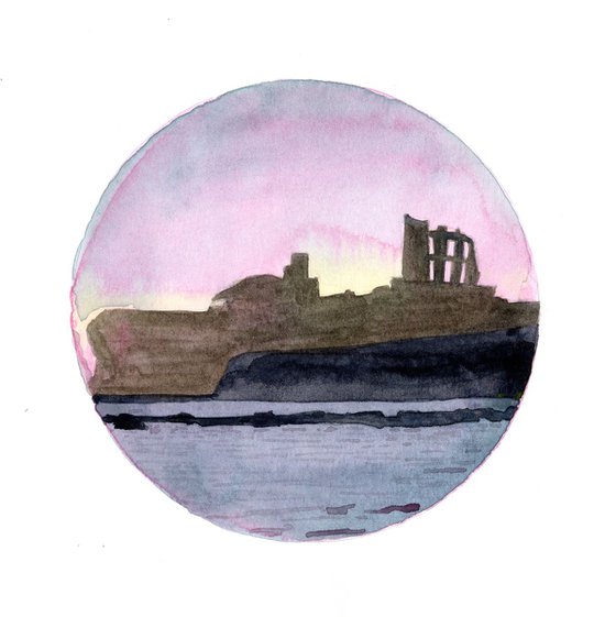 English Church Ruins Tynemouth Priory Evening - Impressionist Illustration in Watercolour