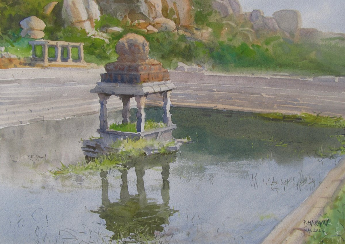 Impressionistic Landscape Watercolour By Bhargavkumar Kulkarni, 17 X 13, Architectural Landscape, Hampi, Original Artwork