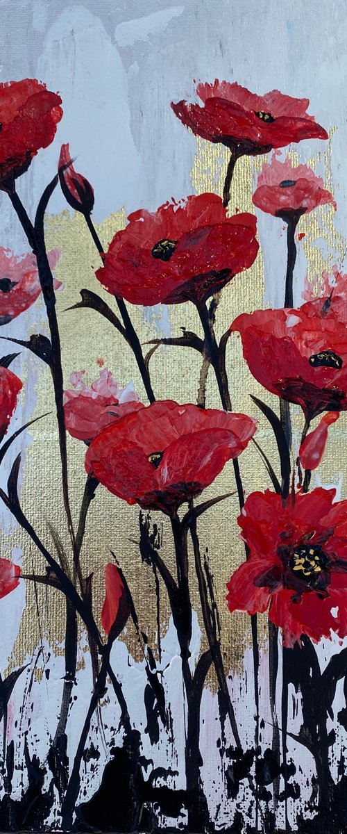 Gold Leaf Painting of Abstract Red Poppies by Marja Brown