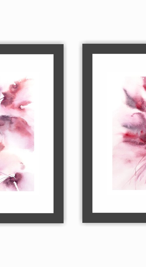 Pink abstract floral watercolor, floral diptych "Floral dreams" by Olga Grigo