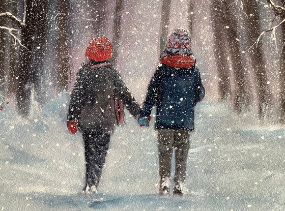 Winter scene, children in the snow