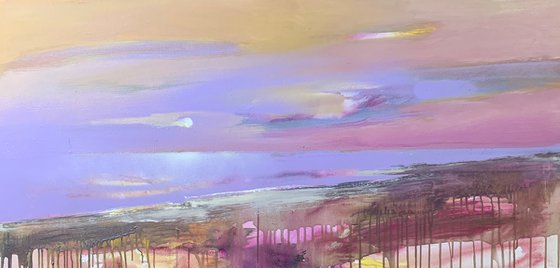 Bright horizontal painting - "Violet sunset" - Landscape - Expressionism - Seascape - Sunset