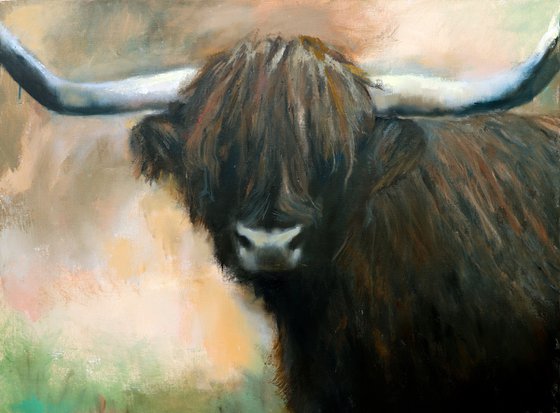 Scottish Highland Cow Portrait, 70x100cm, Oil Painting, Breathtaking Detail, Rustic Charm, Perfect Wall Art for Nature Lovers