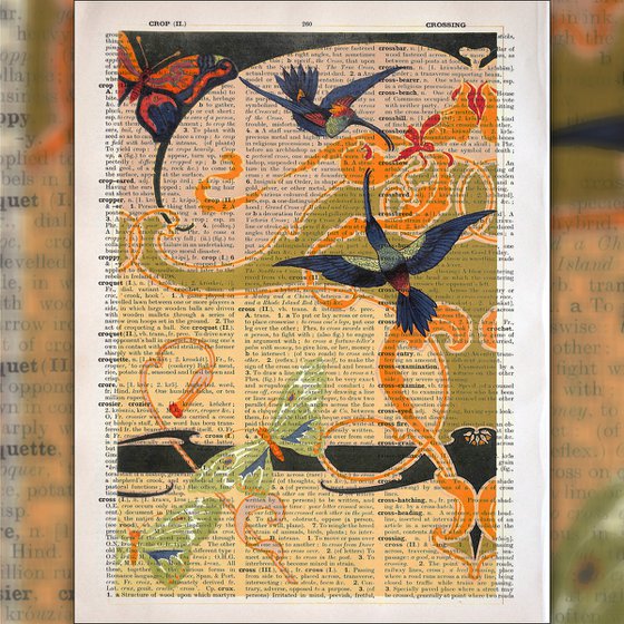 Hummingbirds, Butterflies, Art Nouveau - Collage Art Print on Large Real English Dictionary Vintage Book Page