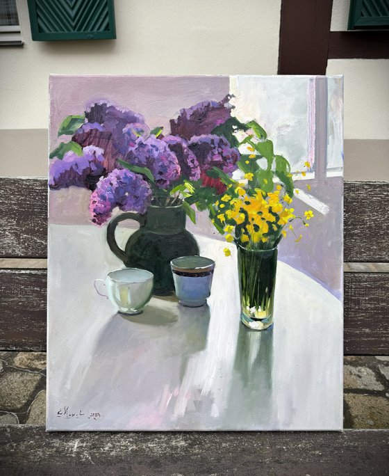 Sill Life with Lilac and yellow wildflowers