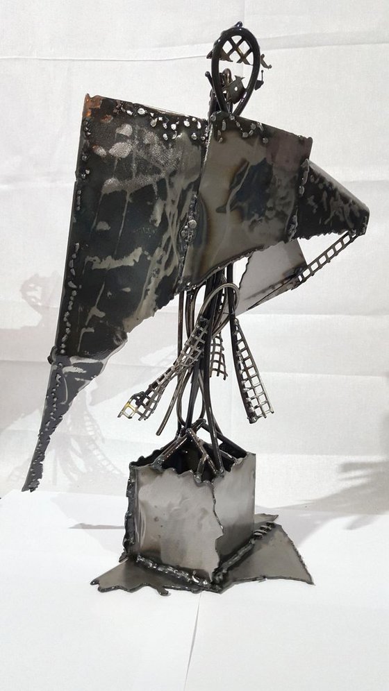 Angel with broken wing unique welding iron sculpture by O Kloska Oneiric art dark beauty