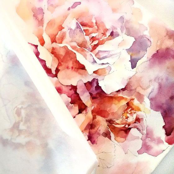 "Scent of a bouquet of roses" original abstract watercolor artwork square format