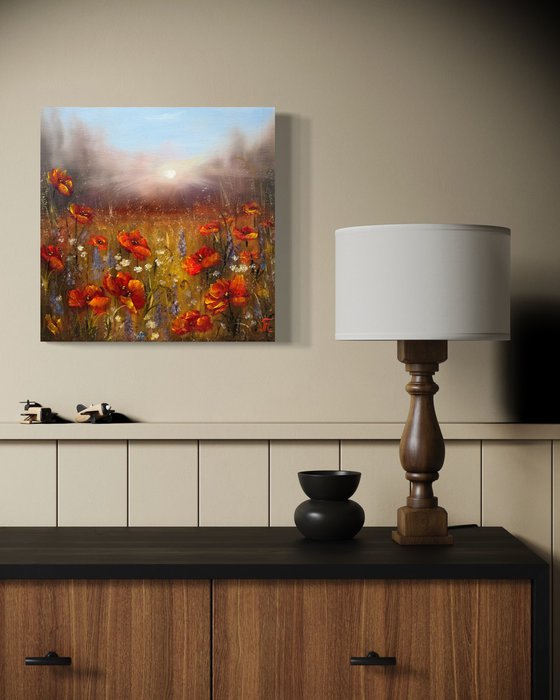 Sunset with red poppies