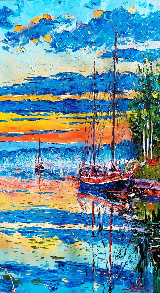 Harbor In Blue And Fire By Andranik Harutyunyan, 20 X 35, Artwork For Sale On Artfinder