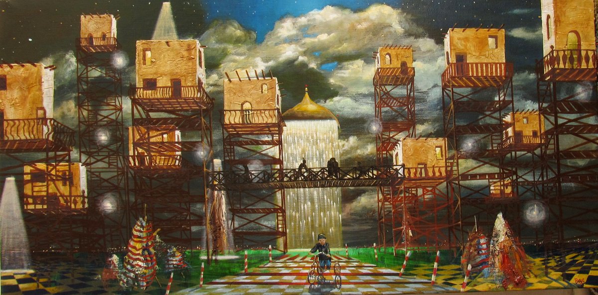 Surrealistic Cityscapes Painting By Serhiy Roy, 35 X 18", The Night Urban City, Original Artwork