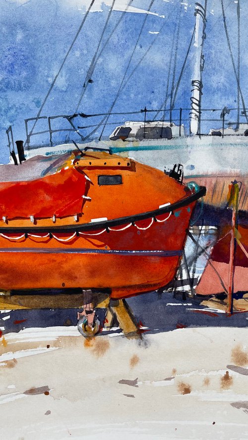 Red yacht on the shore by Samira Yanushkova