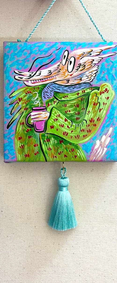 Dragon with coffee. Miniature canvas with silk brush by Anna Onikiienko