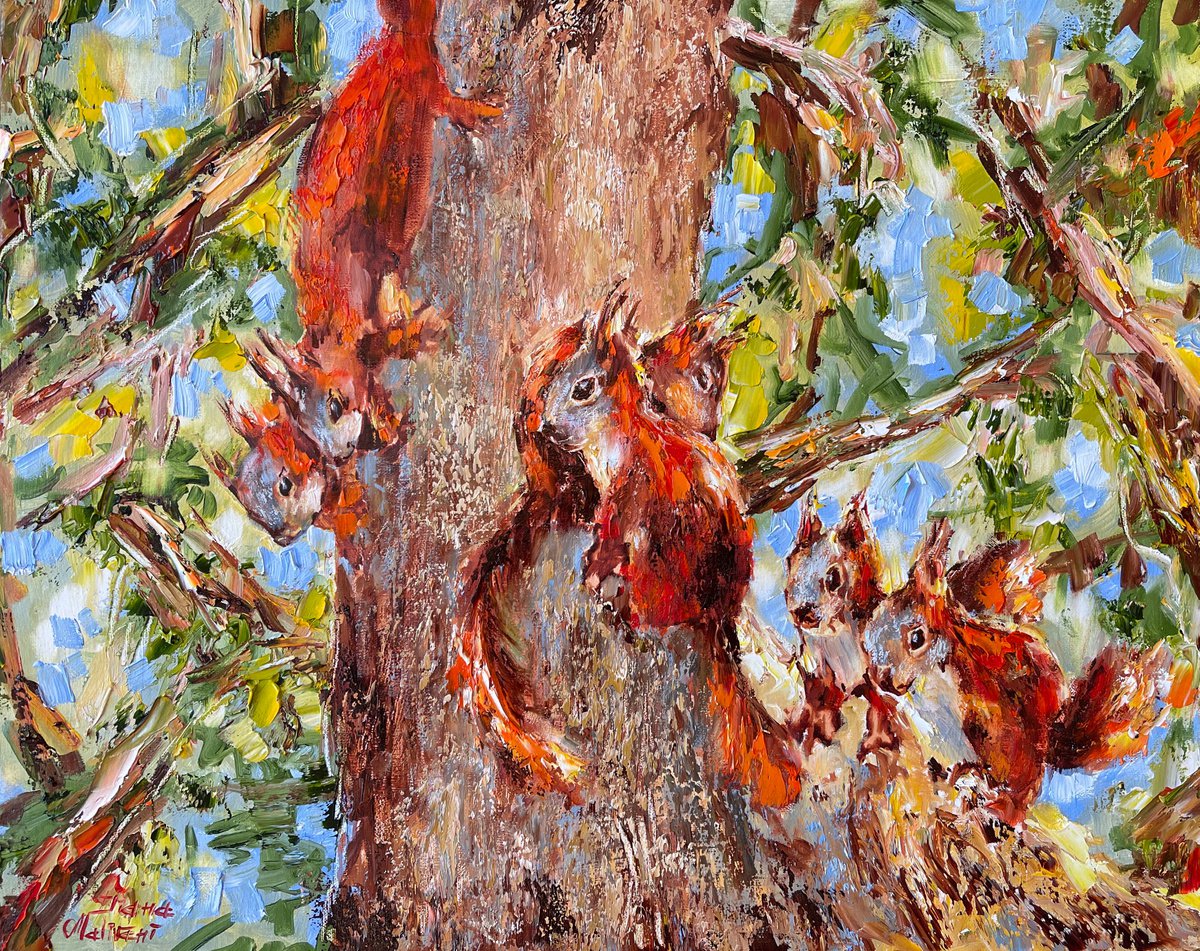 Impressionistic Animal Oil Painting By Diana Malivani, 20 X 16, Baby Squirrels, Original Artwork