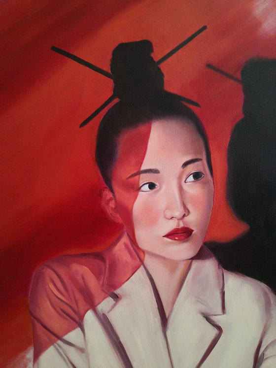 Japanese woman portrait in red colors