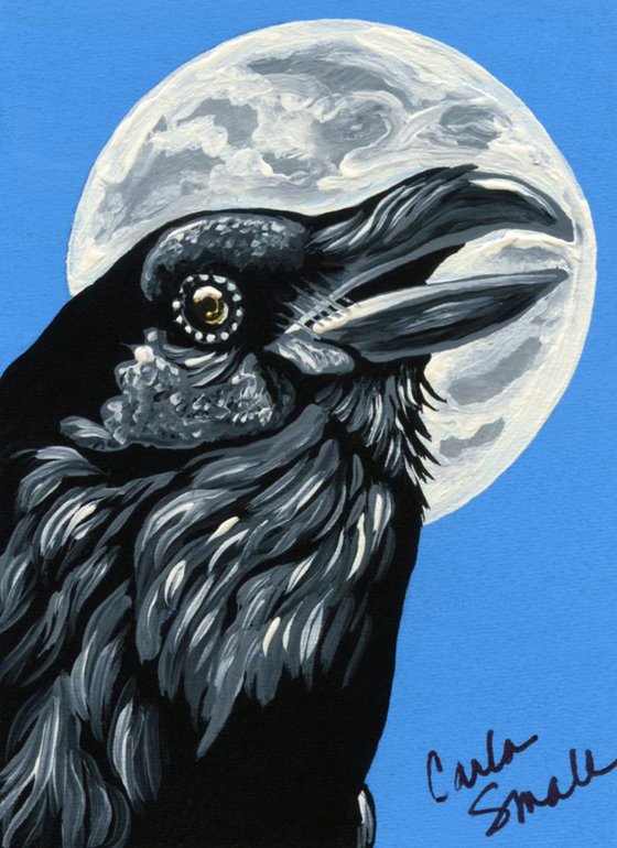 ACEO ATC Original Painting Crow Raven Wildlife Bird Art-Carla Smale