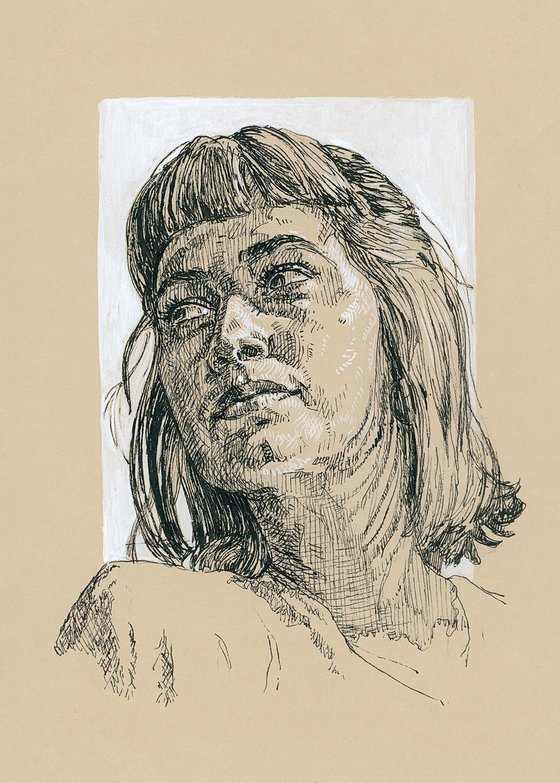 Girl with bangs. Cross hatch drawing